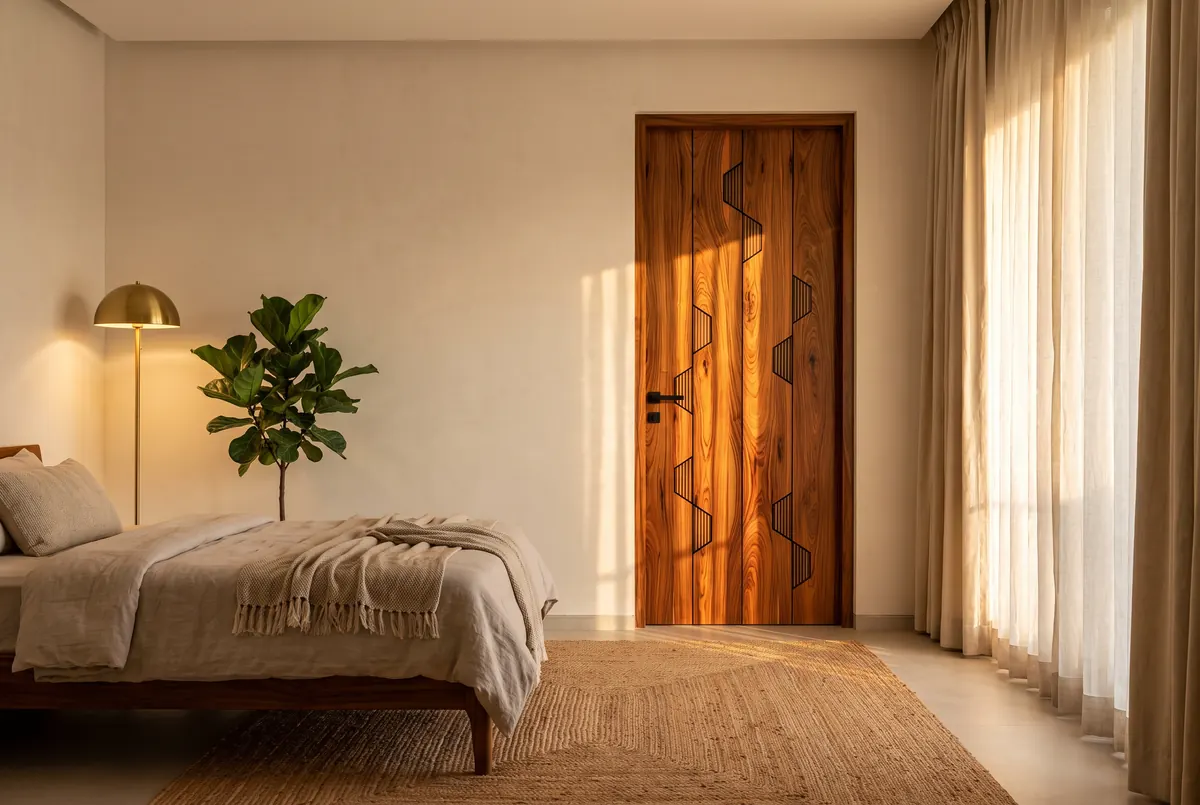 The WudGres Ven Decor Legend WG 5004 veneer door installed in a calm modern bedroom with warm evening sunlight on the wood grain