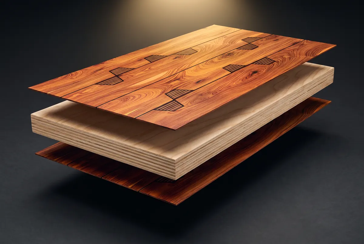 Exploded view of a veneer door: a thin rosewood veneer sheet lifting off a layered engineered wood core, with a second veneer sheet underneath