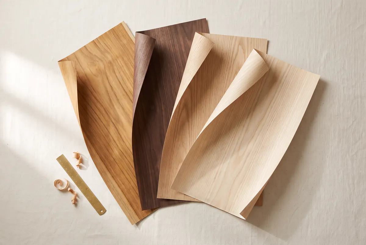 Four real wood veneer sheets fanned out side by side: golden teak, dark walnut, light oak and pale ash