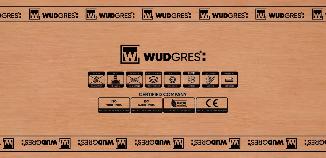 WudGres flush door facing showing the brand marking and certification icons: borer resistant, hot pressed, termite resistant, 100% gurjan face veneer, quality checked, BWP grade, seasoned wood and phenol bonded